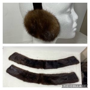 Mink Fur Accessories Set (2) Collars & Ear Muffs Brown Authentic Mink Fur